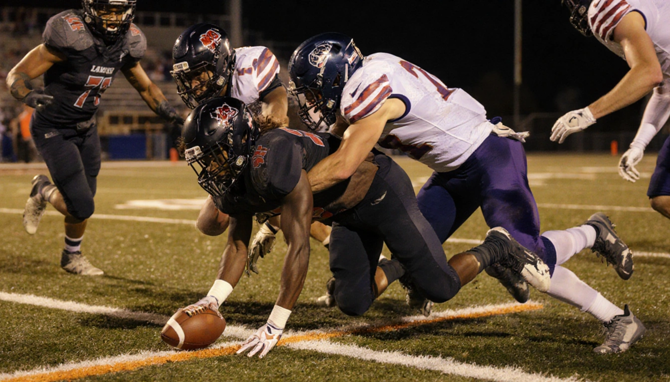 Kaleb Maryland tackles fumble at one-yard line with North Shore defenders recovering ball during school football semifinals.