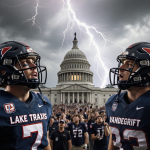 Lake Travis and Vandegrift Austin football players stand with crowds looking up at the Texas State Capitol with stormy sky