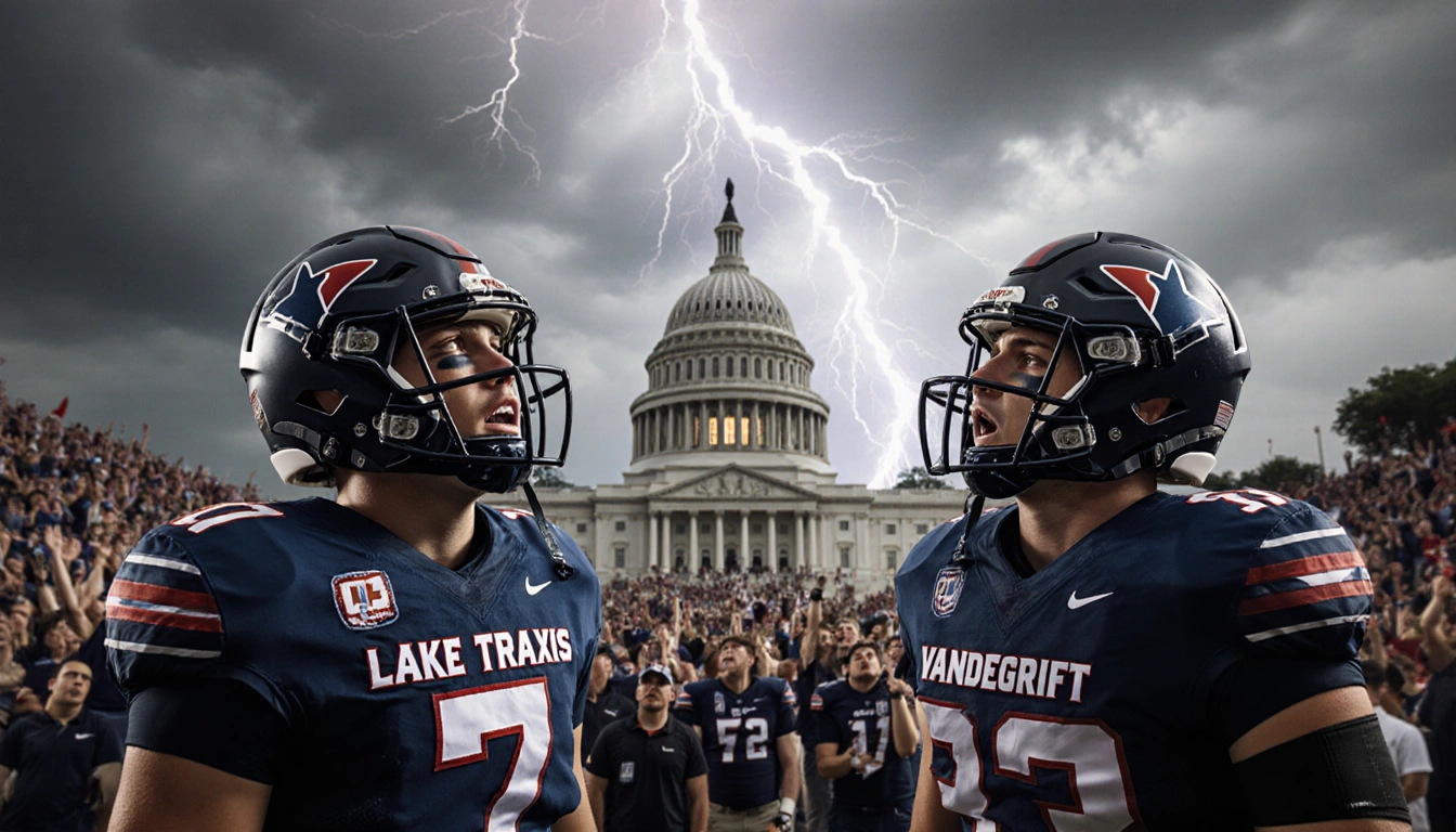 Lake Travis and Vandegrift Austin football players stand with crowds looking up at the Texas State Capitol with stormy sky