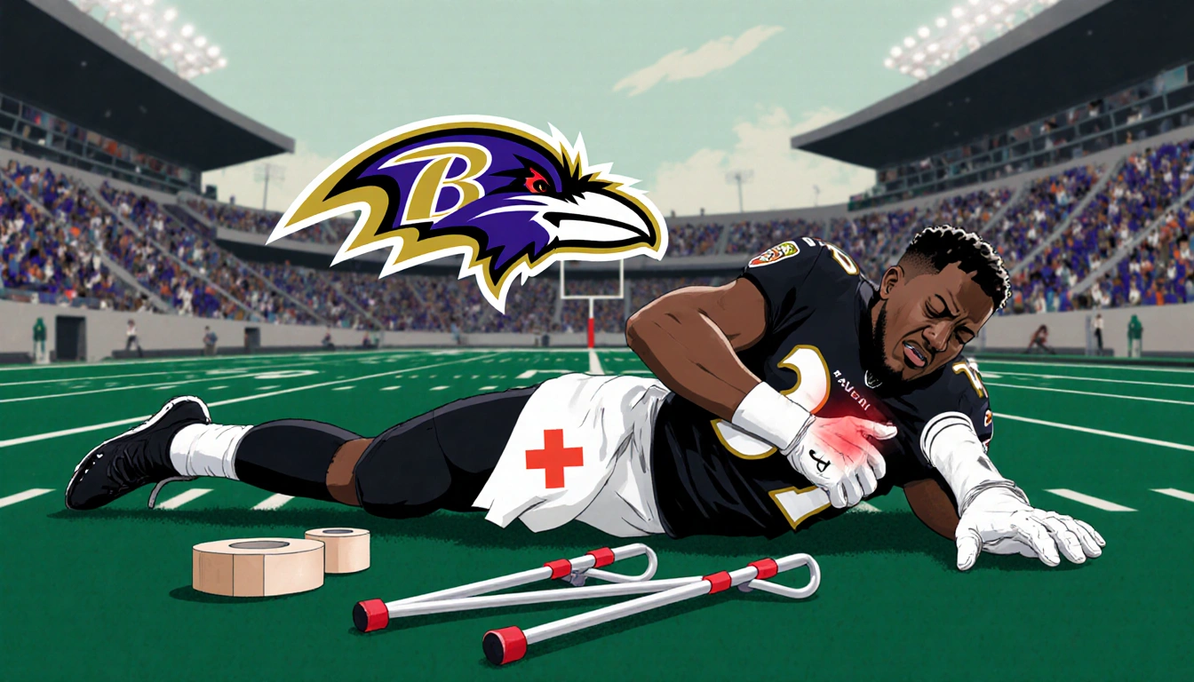 Lamar Jackson lying on sidelines clutching his back in pain with Ravens logo and crutches surrounding him in green stadium.