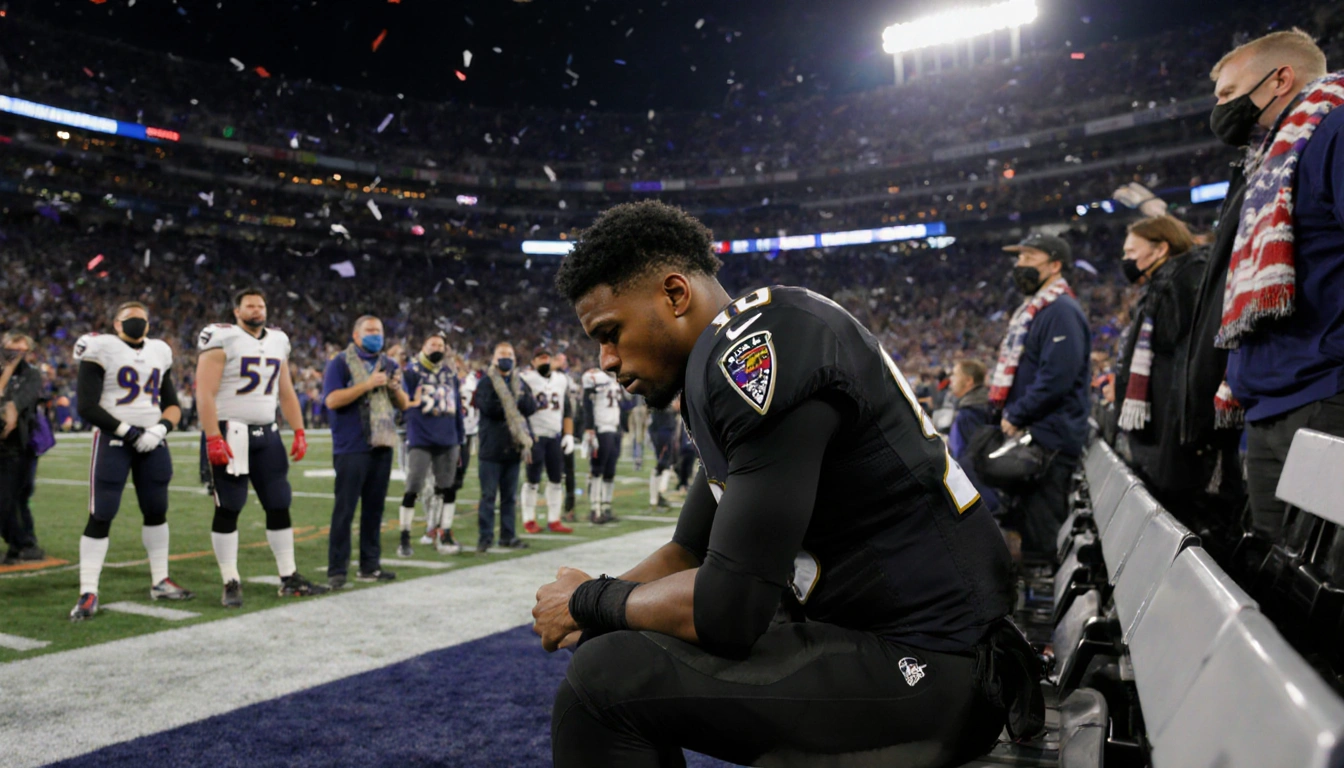 Lamar Jackson sits on bench clutching his back with frustration while Patriots celebrate behind him under stadium lights
