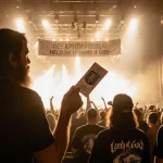 Confused concert-goer holding a Lamb of God ticket with banner Andrew Peterson and a crowd in background