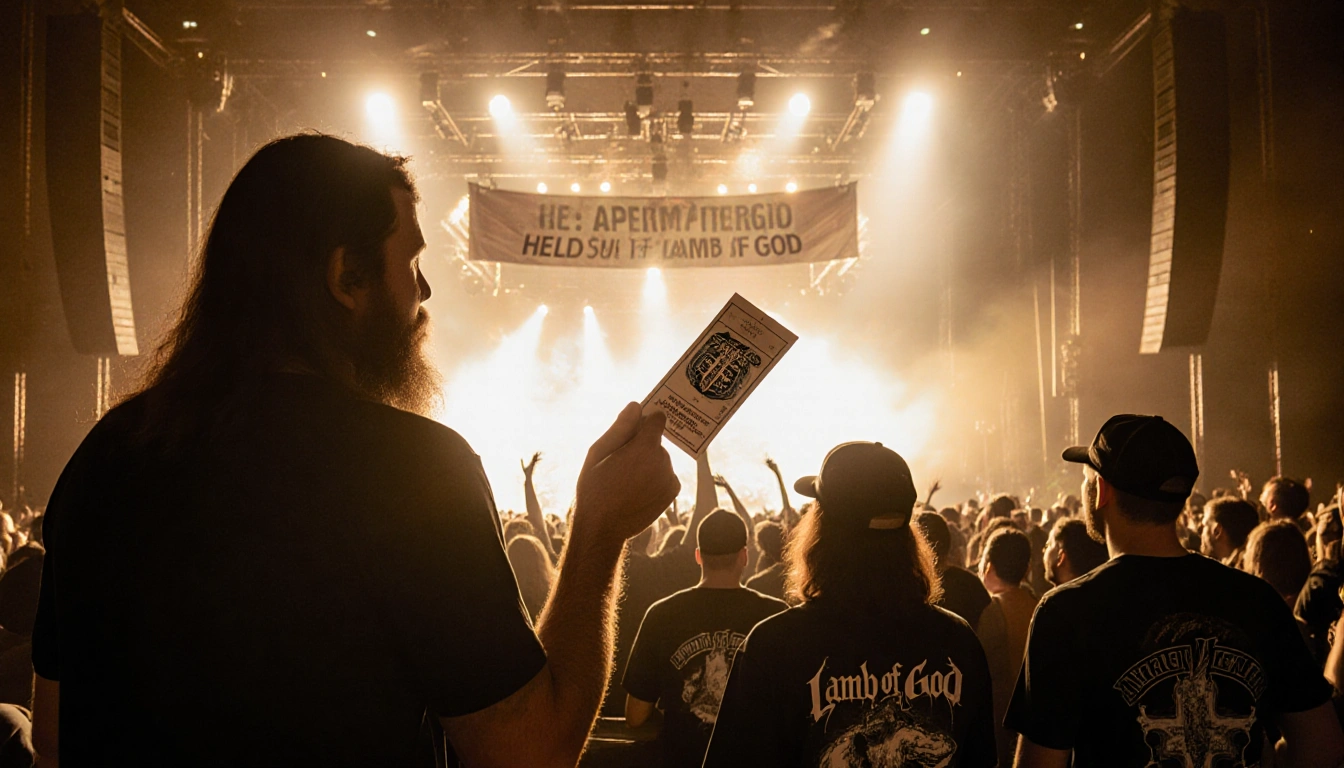 Confused concert-goer holding a Lamb of God ticket with banner Andrew Peterson and a crowd in background