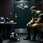 Jordan Love sits with helmet beside him while a concussed player lies on a table with medical staff attend in locker room