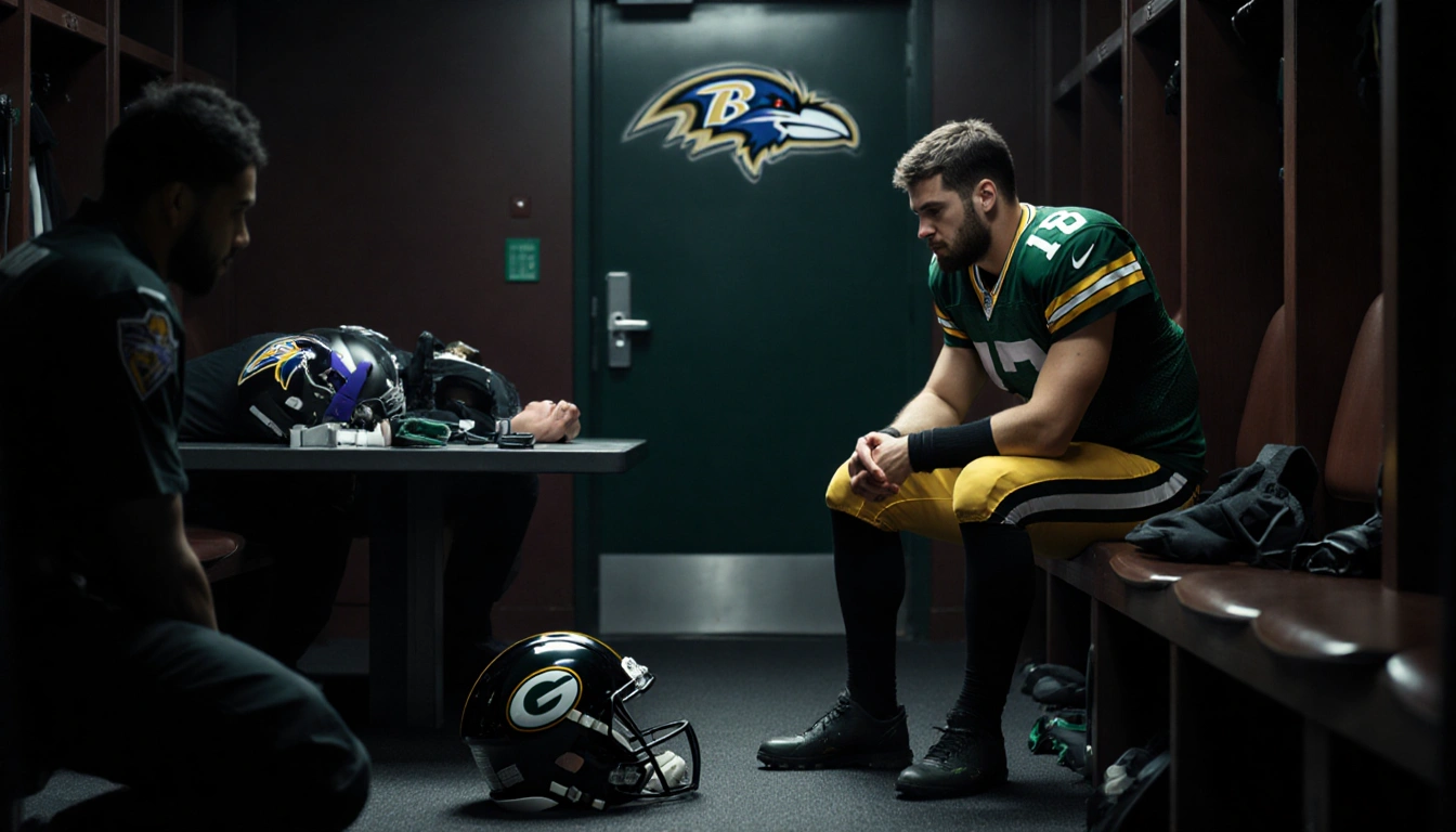 Jordan Love sits with helmet beside him while a concussed player lies on a table with medical staff attend in locker room