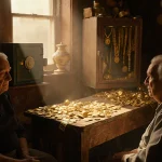 Lancaster County residents sit with concerned expressions amid golden light and gold coins on an antique workbench.