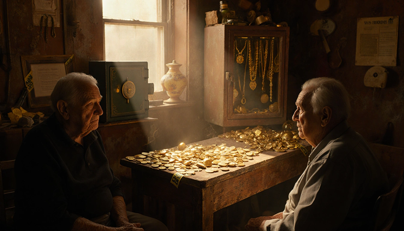 Lancaster County residents sit with concerned expressions amid golden light and gold coins on an antique workbench.