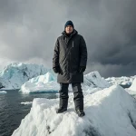 Governor Jeff Landry standing on a snow-covered iceberg with icy waters and stormy Arctic sky