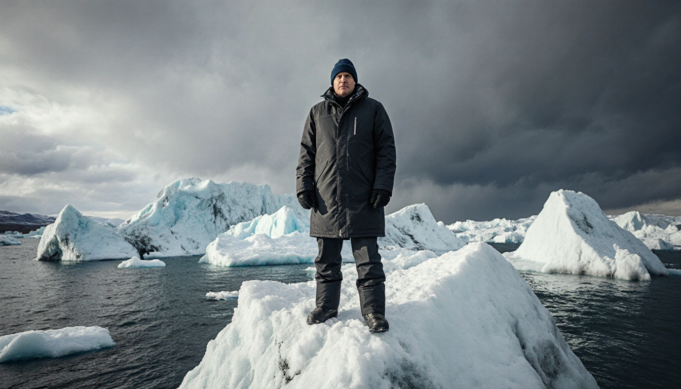 Governor Jeff Landry standing on a snow-covered iceberg with icy waters and stormy Arctic sky