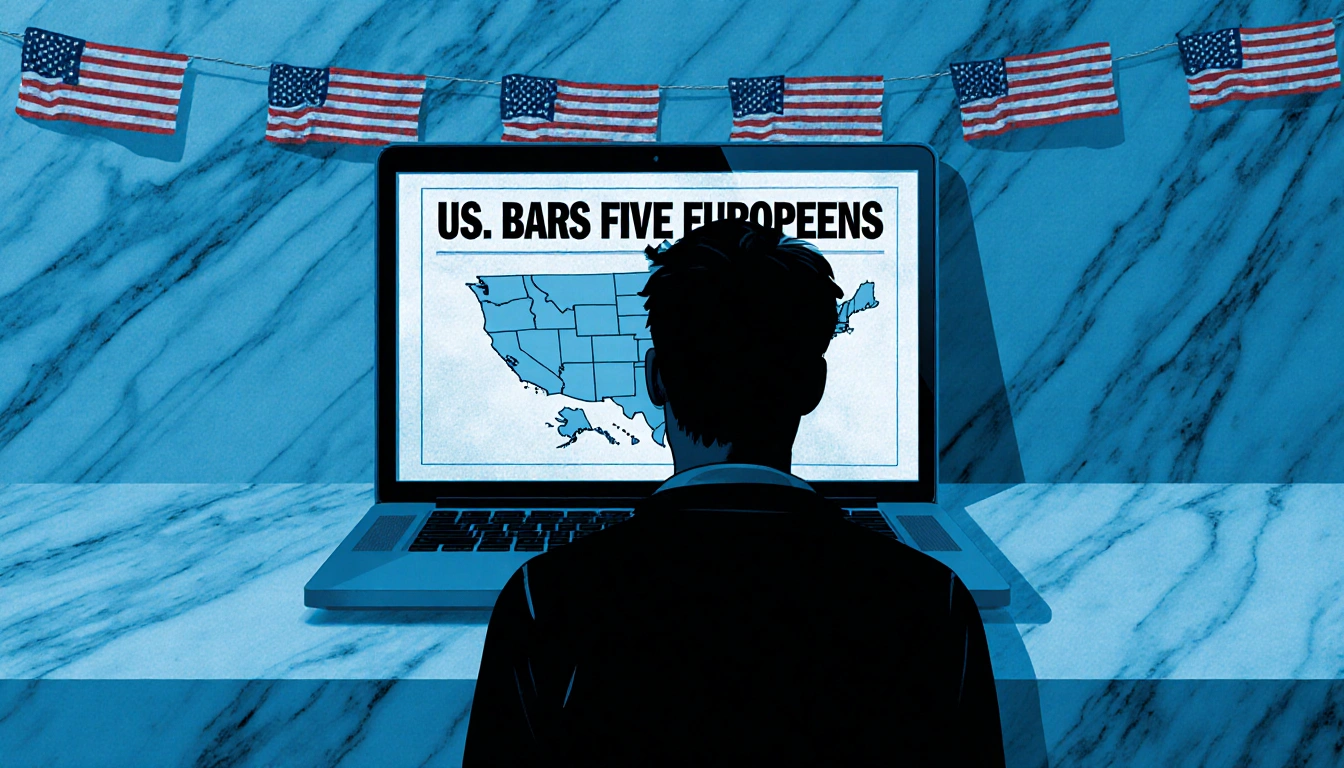 Figure standing before wall with American flags and laptop showing headline US bars five Europeans with Europe map overlay