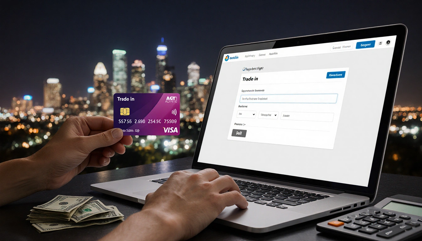 Person holding gift card with balance and calculator near cash with laptop screen showing trade-in option