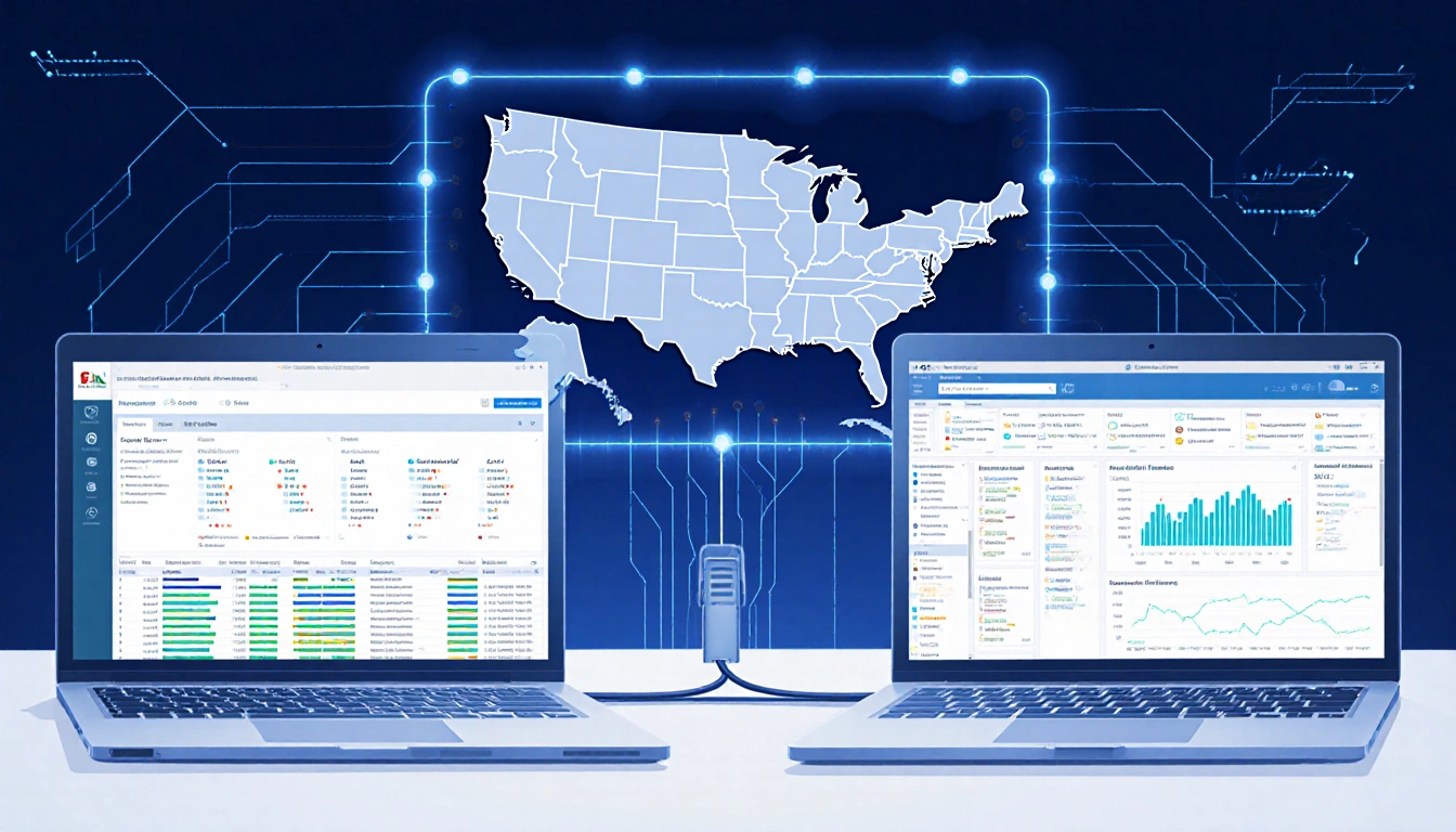 Two laptops connecting with a glowing virtual cable and a map of the US-Mexico border intelligence on drone threat detection.