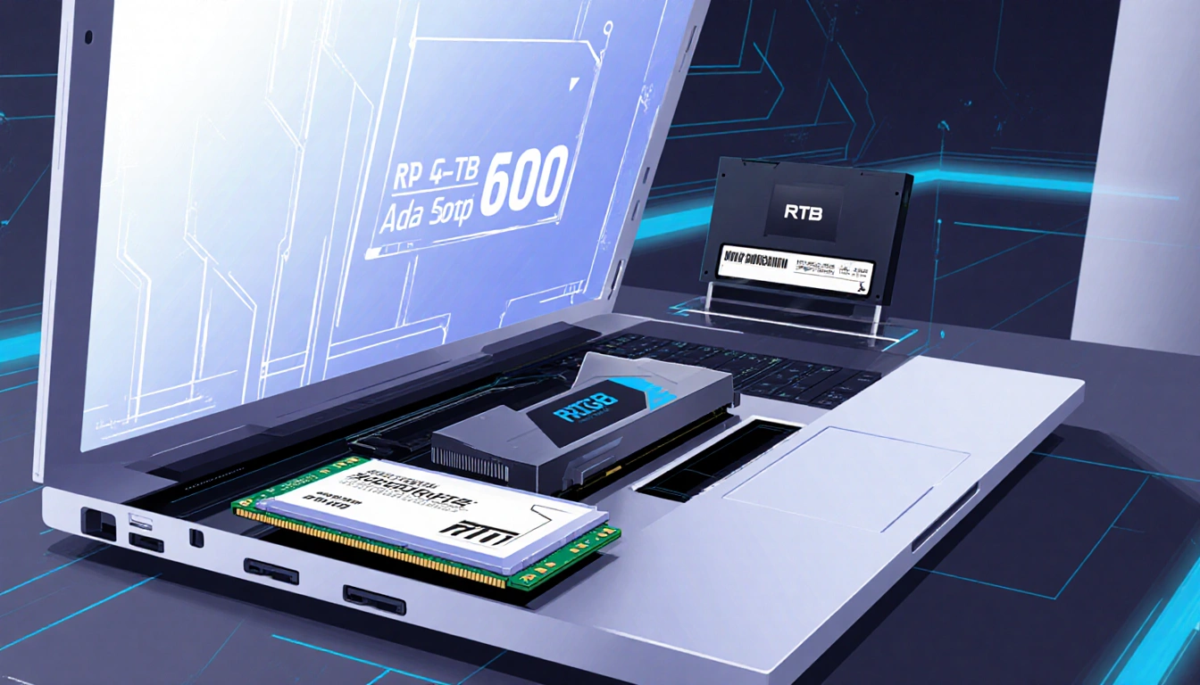 Laptop interior showing large screen with 64GB RAM and RTX 500 GPU