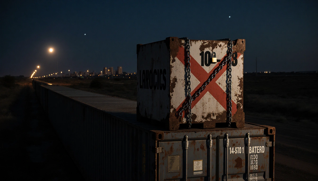 Large crate sits atop steel container with red X and chains in border dusk with silhouette of Laredo