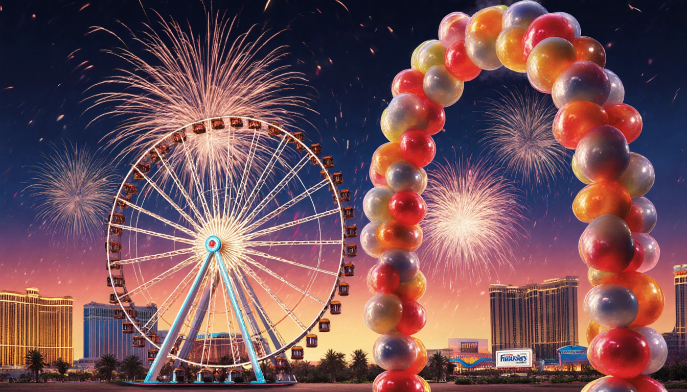 Fireworks erupting over night sky with Ferris wheel and warm colors celebrating Las Vegas 25th anniversary