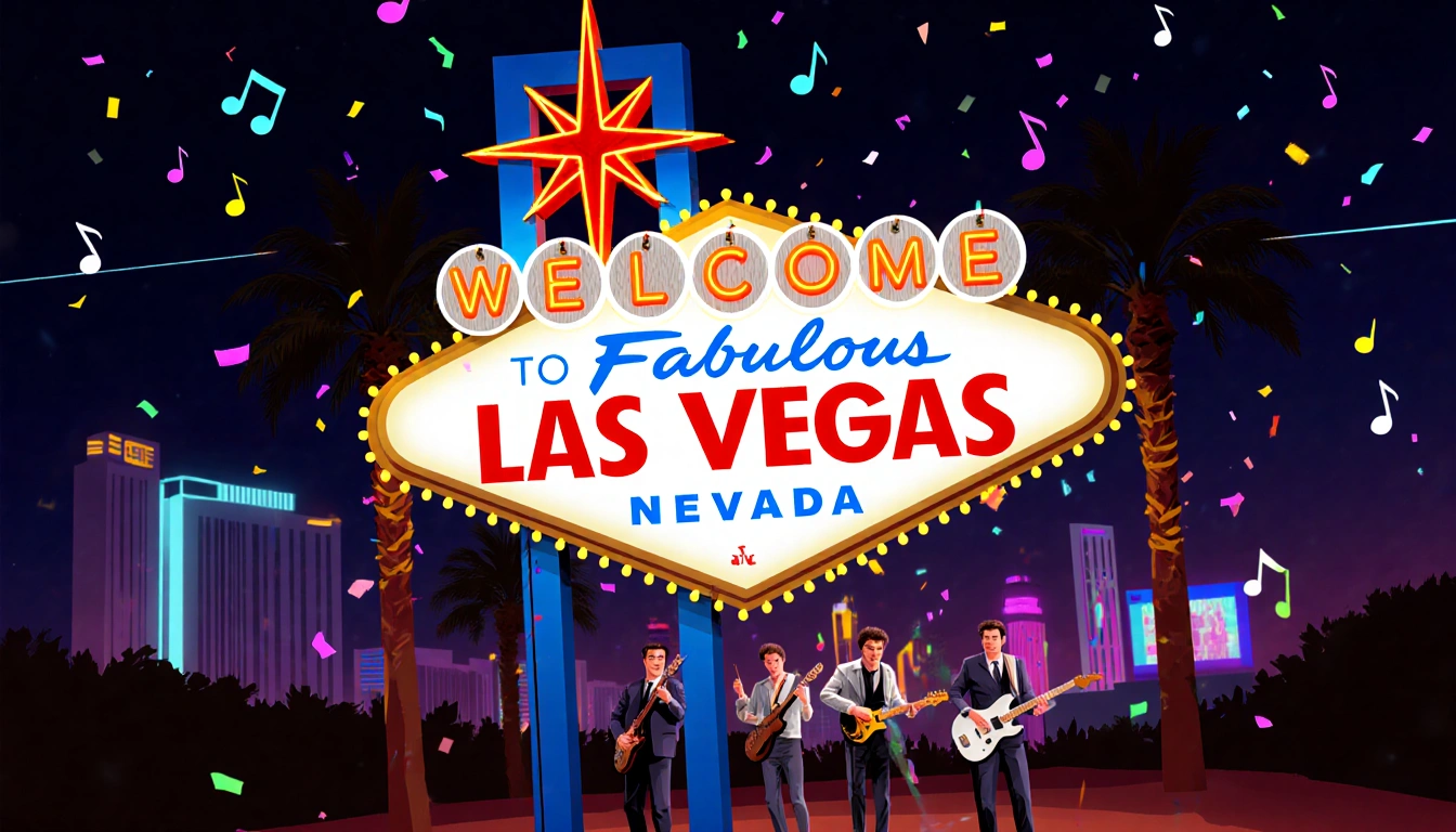 Las Vegas welcome sign glowing neon over cheering crowd with music notes and confetti swirling.