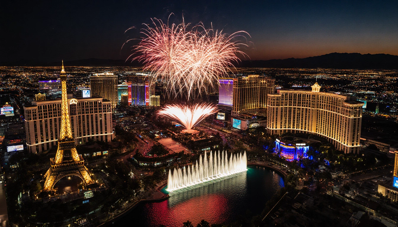 Fireworks explode above the Fontainebleau hotel with neon lights and Bellagio fountains reflecting sunset glow