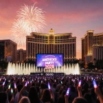 Crowds cheer on Las Vegas Strip at sunset with glowing sticks and fireworks over Caesars Palace and Bellagio fountains