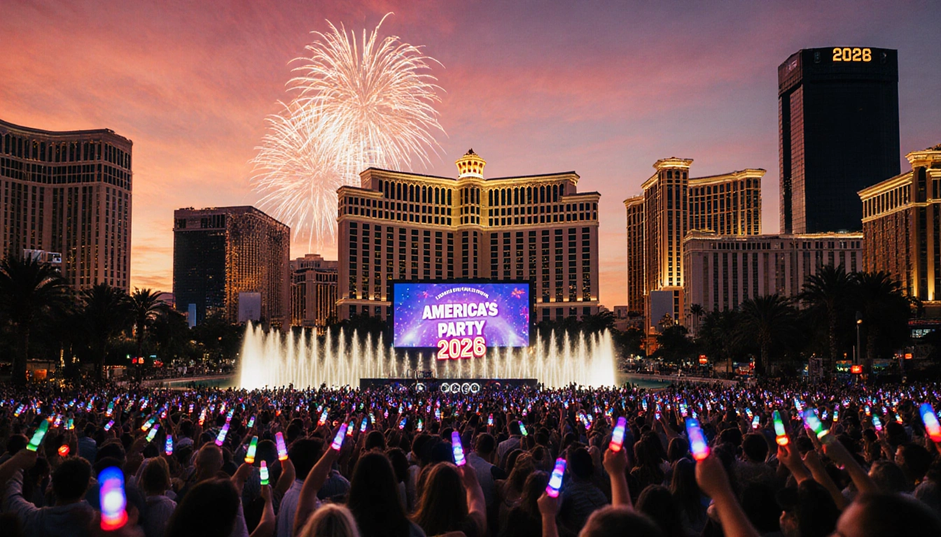 Crowds cheer on Las Vegas Strip at sunset with glowing sticks and fireworks over Caesars Palace and Bellagio fountains