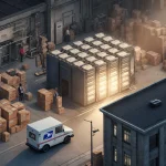 Mail sorting machine moves parcels with USPS truck beside a modern commercial building.