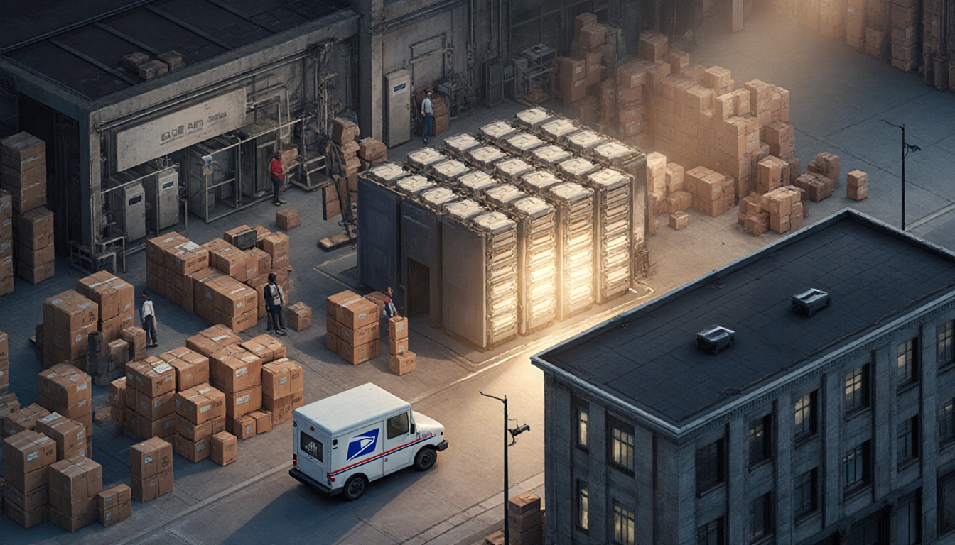 Mail sorting machine moves parcels with USPS truck beside a modern commercial building.