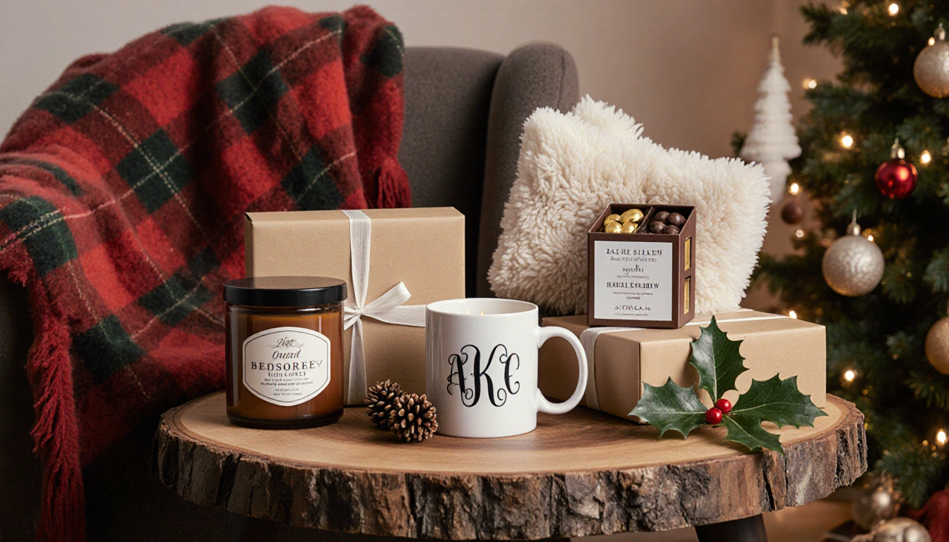 Hand arranging gifts with monogram mug and soft blanket and scented candle on rustic table with holly and pinecones