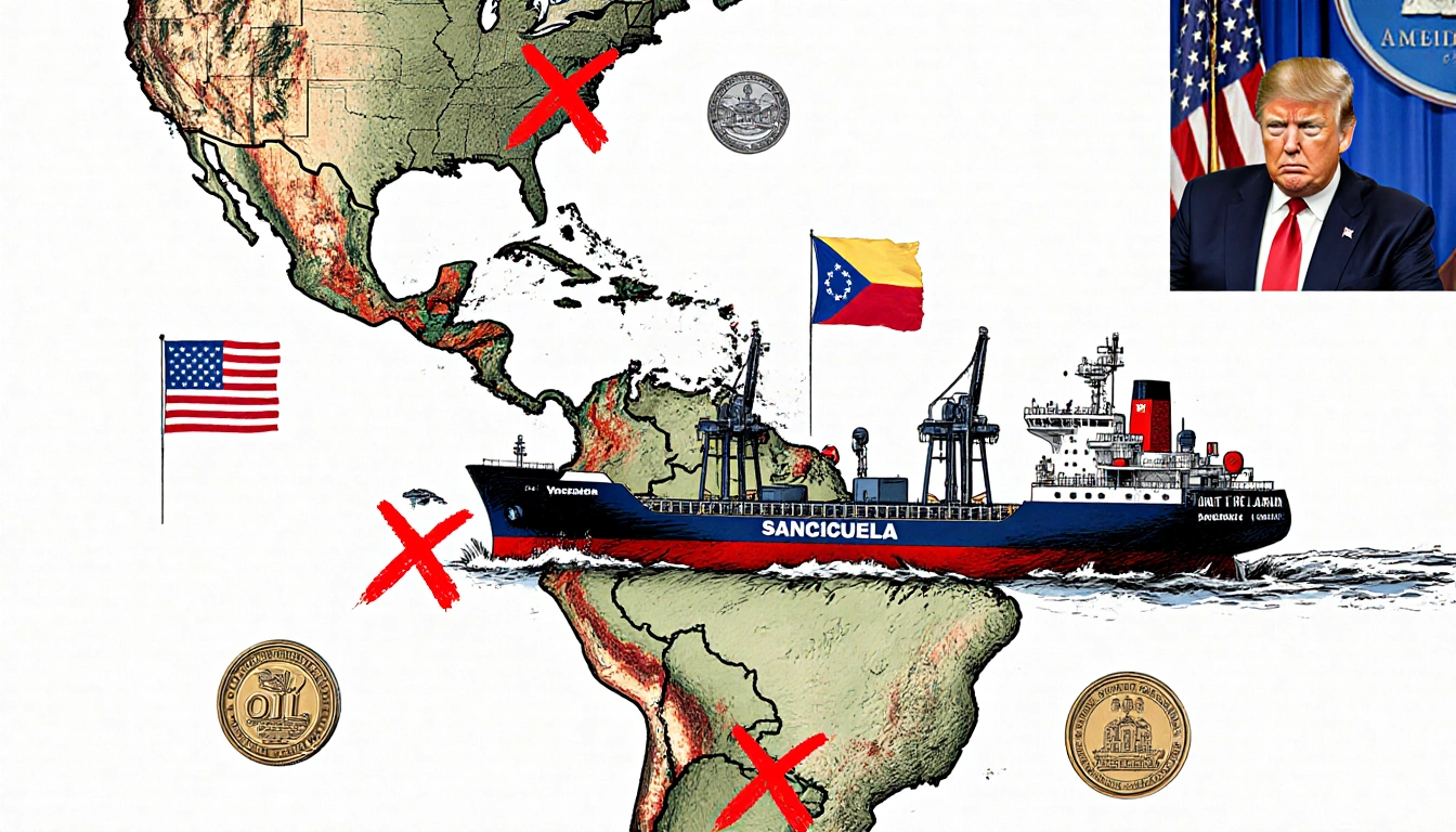 US military vessels seize tanker with sanctioned stamp and oil pumps on Latin American map with red X neocolonial countries