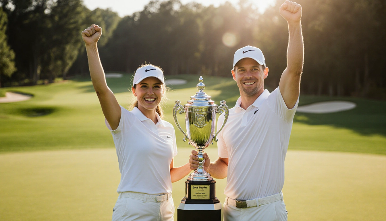 Lauren Coughlin and Andrew Novak celebrate victory with trophy amid lush green golf course