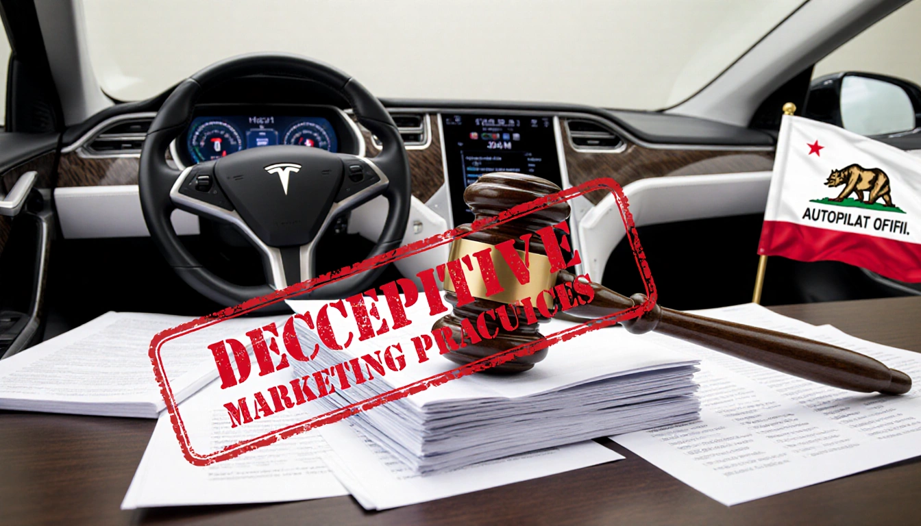 Gavel resting on documents with red deceptive marketing stamp and blurred car with autopilot logo in background