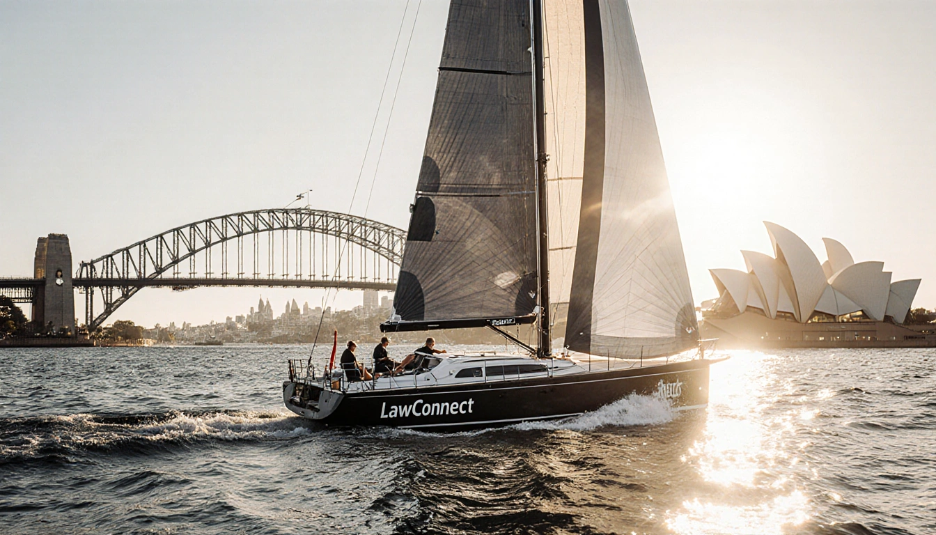 LawConnect yacht cutting through waters with billowing sails and Sydney Harbour Bridge at sunrise.