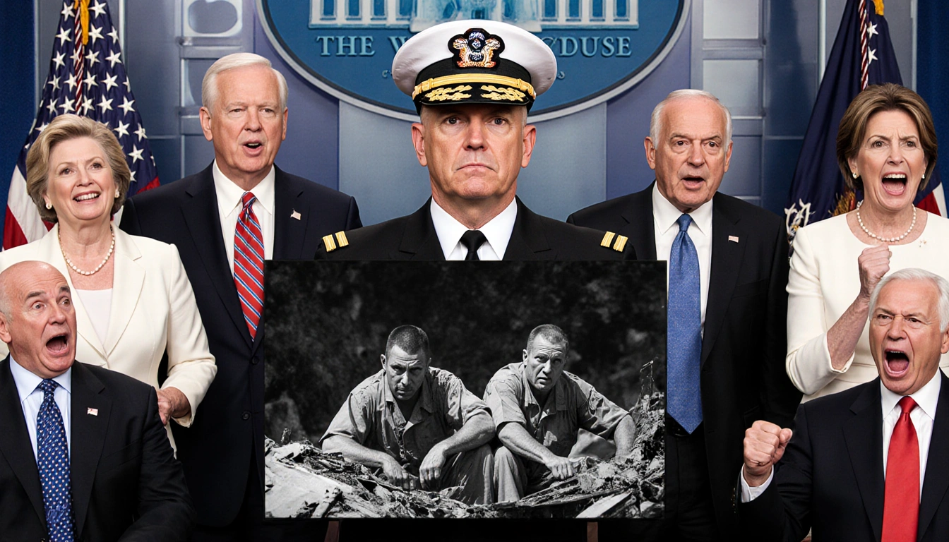 Survivors cling to wreckage with stern Navy admiral as split-screen lawmakers show shocked and approving reactions.