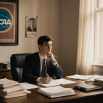 Law student determined at desk with books and papers and NCAA logo above and a newspaper clipping of Diego Pavia hangs nearby