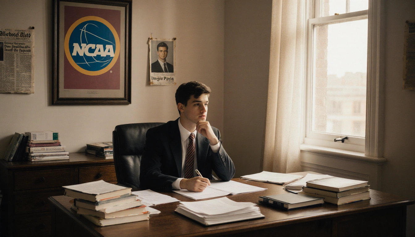 Law student determined at desk with books and papers and NCAA logo above and a newspaper clipping of Diego Pavia hangs nearby