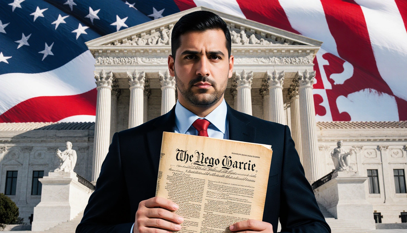 Lawyer Simon Sandoval-Moshenberg stands before courthouse with US Constitution in hand and American flag above