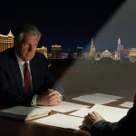 lawyer presenting evidence under a spotlight with judge