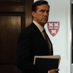 Lawyer standing before large ornate door with stack of documents and faint Harvard logo in background
