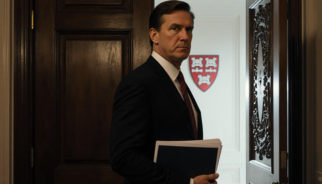 Lawyer standing before large ornate door with stack of documents and faint Harvard logo in background