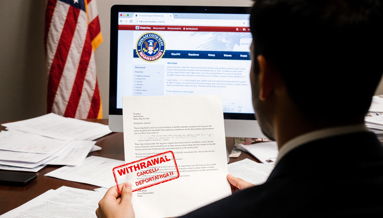 Rayhan Asat looks at a lawyer's letter with a red withdrawal stamp deportation with the American flag in the background.