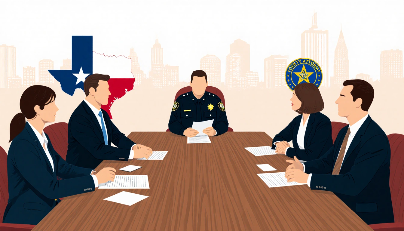 Lawyer officer and county attorney debating at wooden conference table with papers and Texas courthouse backdrop.