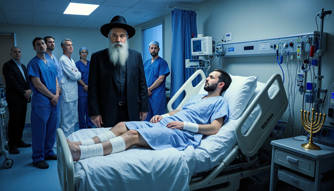 Rabbi Yossi Lazaroff standing beside an ICU bed with his son in casts while a medical team watches