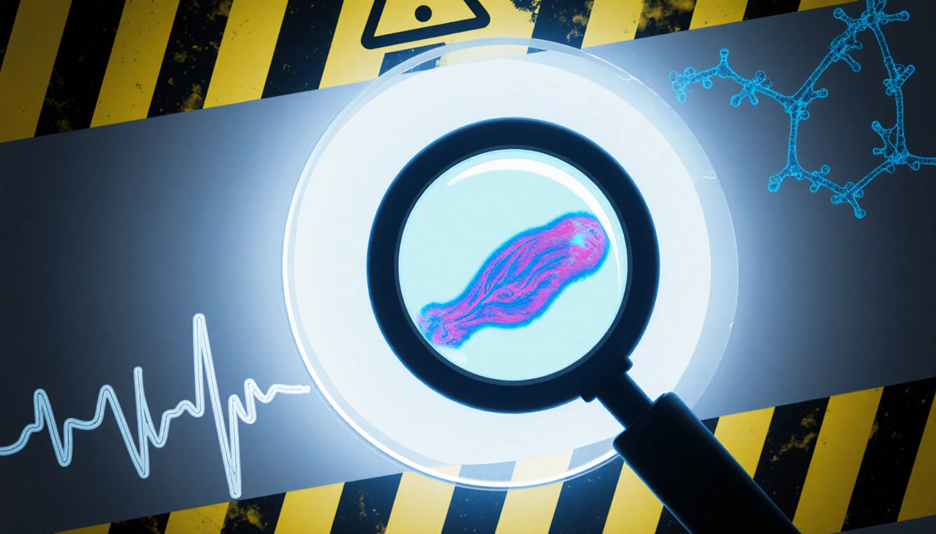 Slide showing lead-contaminated substance under UV light with caution tape and warning symbols near a faint brain wave
