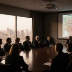 Educators debating around a wooden table with a projector screen showing Leander ISD boundaries and windows in background