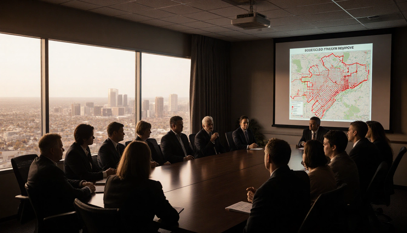 Educators debating around a wooden table with a projector screen showing Leander ISD boundaries and windows in background