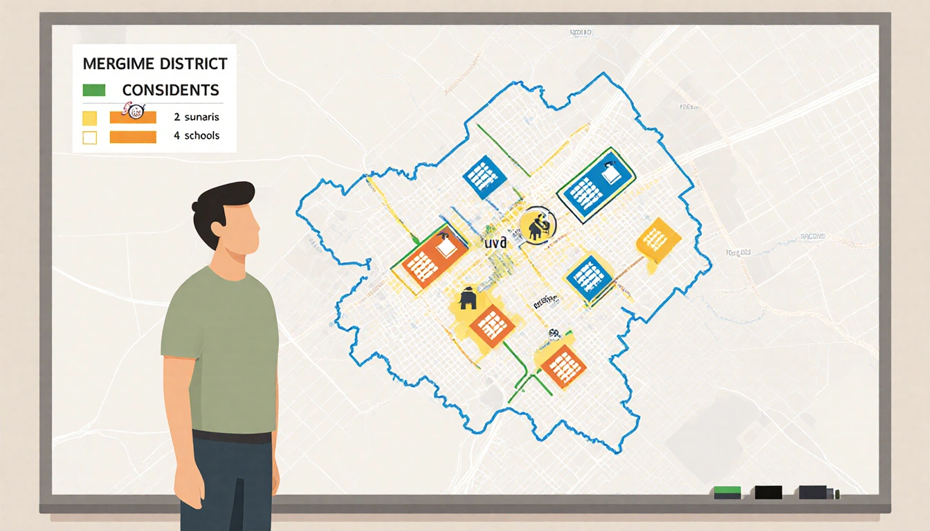 Jeremy Trimble standing in front of a district map with consolidation scenarios and school markers.
