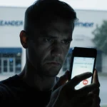 Leander resident holding smartphone with suspicious call displayed and blurred police building in window background