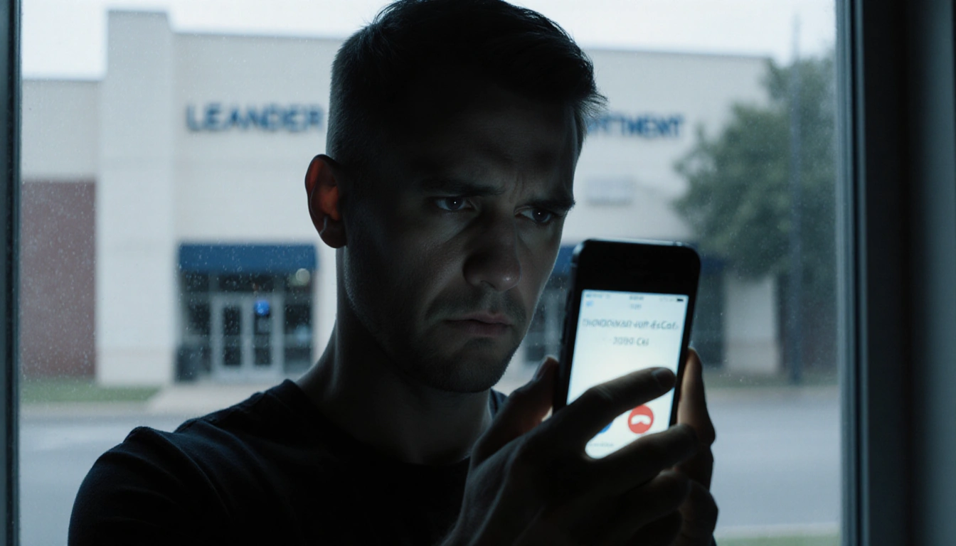 Leander resident holding smartphone with suspicious call displayed and blurred police building in window background