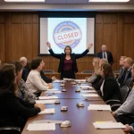 Woman speaking to packed school board meeting room with closed sign on screen and concerned parents in background