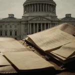 Worn leather folder showing yellowed sheets with courthouse building backdrop.