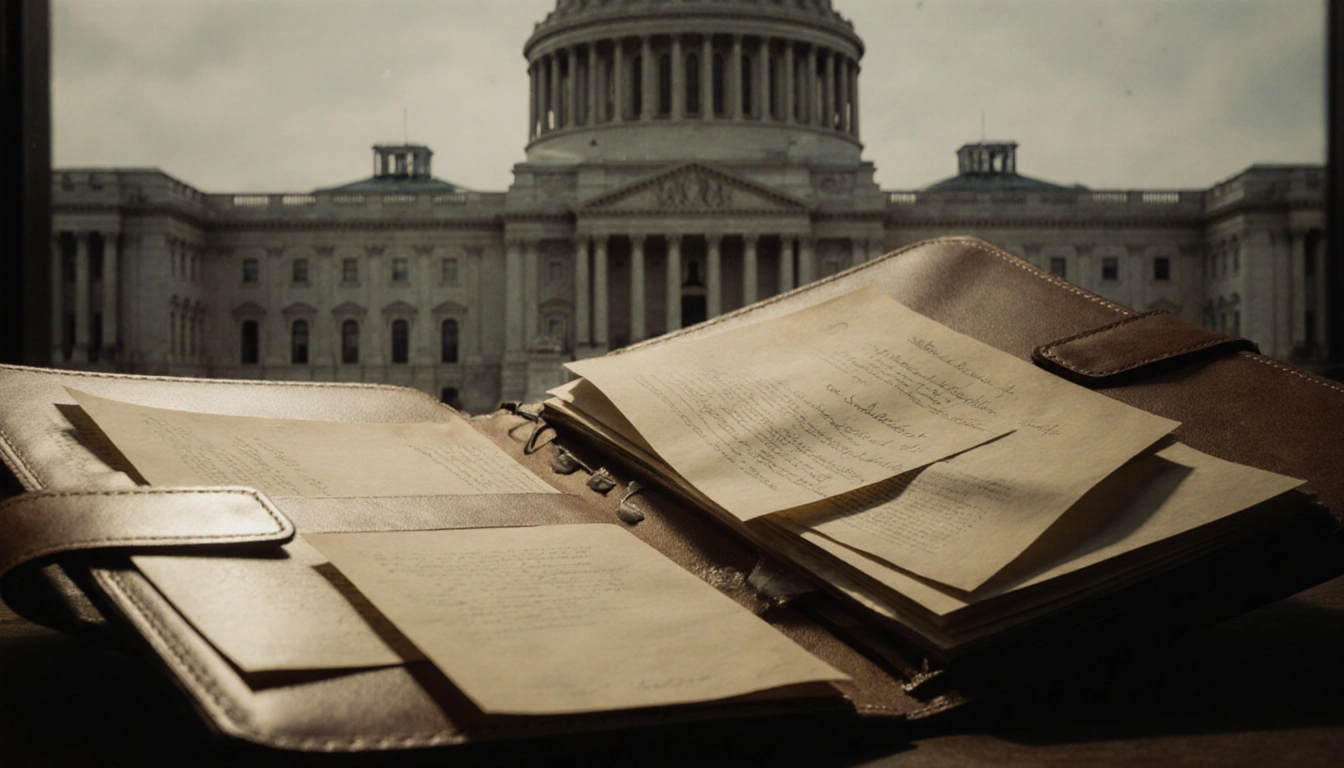 Worn leather folder showing yellowed sheets with courthouse building backdrop.