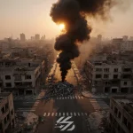 Smoke plume rising from a crumbled intersection with orange sunset glow and twisted metal debris.